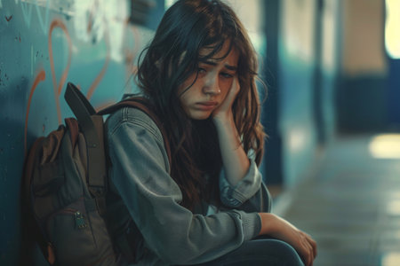crying little girl in corridor of school. bulling conceptの素材
