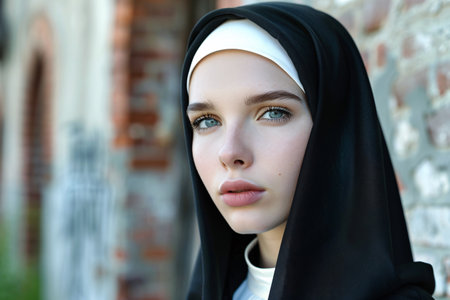 close up portrait of young beautiful woman nun in black clothes with copy spaceの素材