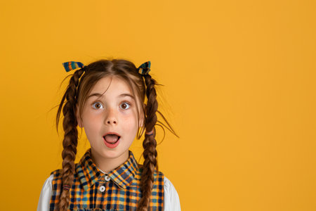 funny cute girl on yellow background with copy space for textの素材