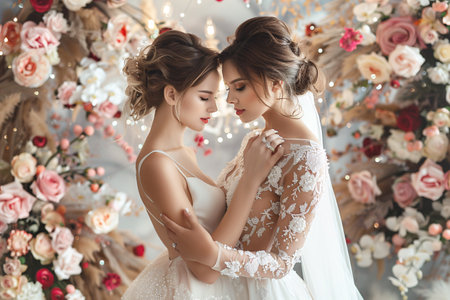 Young lesbian women in wedding dresses hugging near flowers archの素材