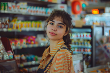 young girl cashier in a store marketの素材