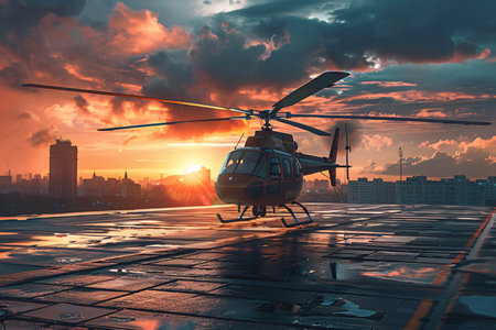 Red helicopter on the helipad on rooftop with sunset view and copy spaceの素材