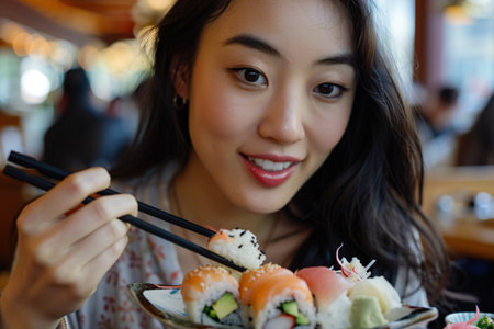portrait of beautiful asian woman eating sushi with chopsticksの素材