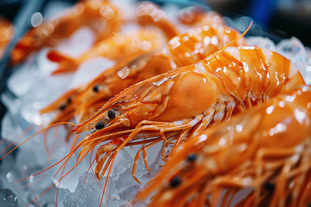 fresh shrimps on ice in fish market with copy spaceの素材