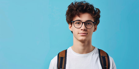 handsome male student over blue background with copy spaceの素材