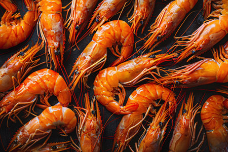 top view of shrimps on dark background with copy spaceの素材