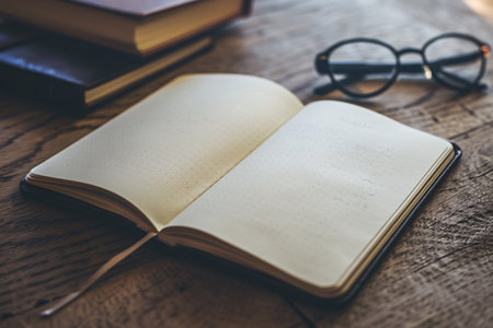 open blank notebook with eyeglasses on the wooden tableの素材