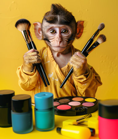 Monkey holding brushes and table with make up eyeshadow paletteの素材