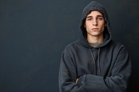Young serious man in hoodie with copy space for text or designの素材