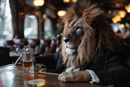 Big lion in business suit drinking whiskey in the pubの素材