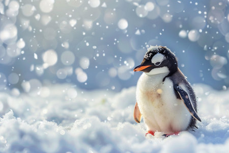 Cute little pinguin on the snow background with copy space for textの素材