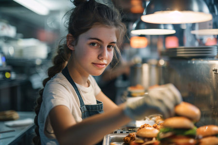 young beautiful teenage girl making burger in fast food restaurantの素材
