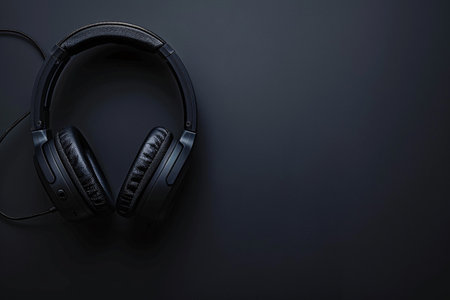 Black headphones over dark background with copy spaceの素材