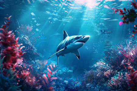 dangerous big shark with teeth under water with coral reef background with copy spaceの素材