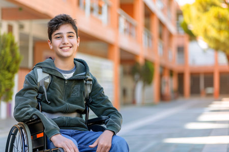 happy teenage boy in a wheelchair in modern schoolの素材