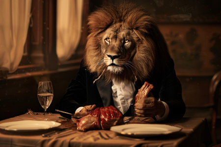 Lion in human clothes eating meat in restaurantの素材