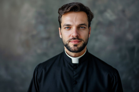 Handsome man catholic priest in black clothes on dark backgroundの素材