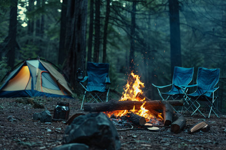 Beautiful bonfire near chairs and camping tent in forest with copy spaceの素材