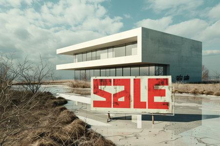 Board with text sale and modern white house on the backgroundの素材