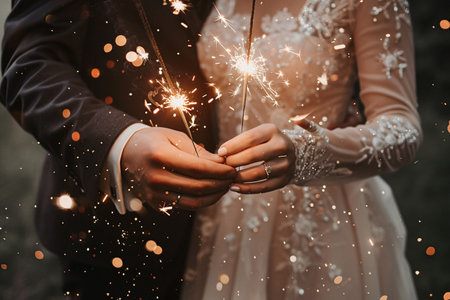 close up of sparklers in hands of wedding coupleの素材