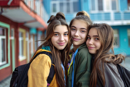 three happy teenage girls in school yardの素材