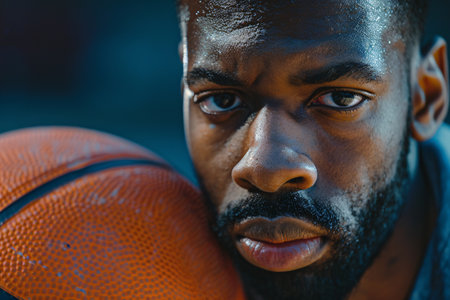 close up portrait of man with basketball over dark backgroundの素材