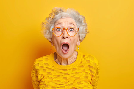 funny surprised old woman in eyeglasses over yellow backgroundの素材