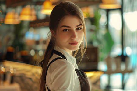 portrait of young waitress in modern restaurantの素材