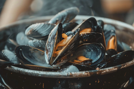 Close up of fresh mussels in bowl in sauceの素材