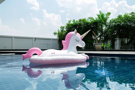 big inflatable white unicorn shaped matress in swimming pool near the modern houseの素材