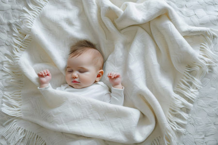 cute baby sleeping under white cotton blanket with copy spaceの素材