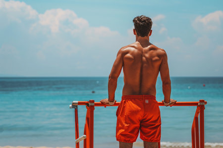 back view of young man lifeguard on the summer beachの素材
