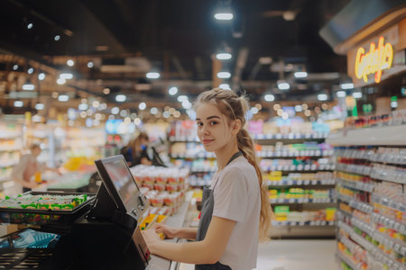 portrait of young beautiful woman cashier in supermarketの素材