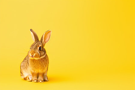 Red rabbit on yellow background with copy space for textの素材
