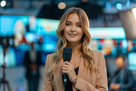 happy journalist with black microphone in tvの素材
