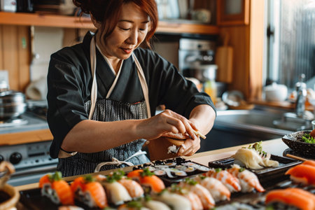 asian mature woman cooking sushi at the kitchenの素材