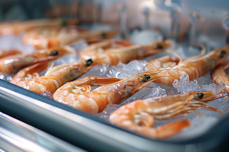 fresh shrimps on ice in freezer with copy spaceの素材