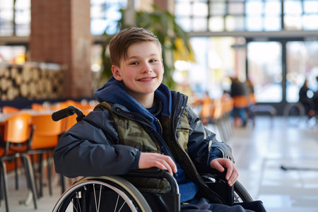 teenage boy in a wheelchair in modern bright schoolの素材