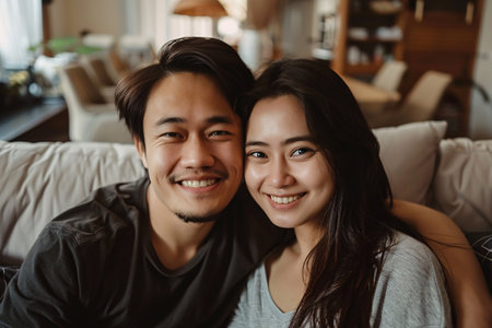 happy asian couple in love sitting on the sofa in modern living roomの素材