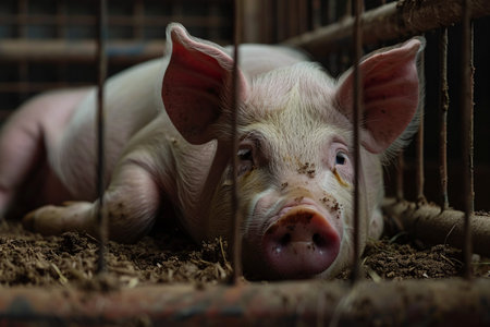 pig in the cage in an animal farmの素材