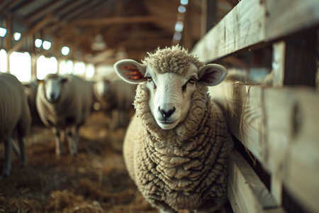 portrait of sheep standing in cattle farm barn with copy space for textの素材