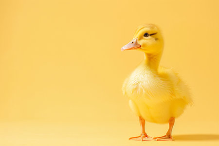 cute yellow duck on yellow background with copy space for text or logoの素材