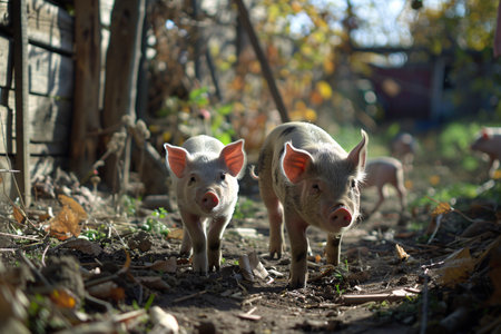 dirty pigs walking in a farm with copy spaceの素材