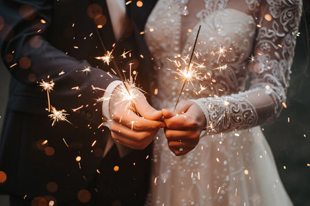 close up of bright sparklers in hands of wedding coupleの素材