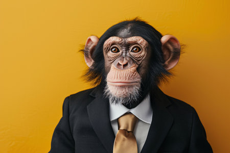 Monkey in business suit over yellow background with copy spaceの素材