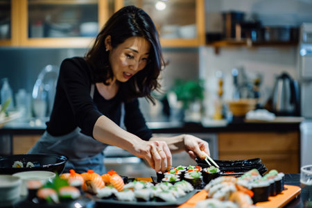 portrait of asian mature woman cooking sushi at the kitchenの素材