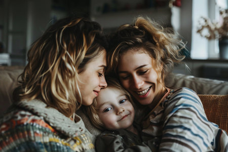portrait of female gay couple with little daughter at homeの素材