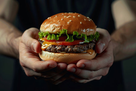 hands holding tasty fresh burger with meat and saladの素材