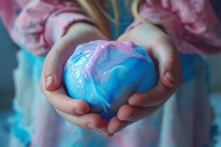 sticky blue slime toy in girls handsの素材