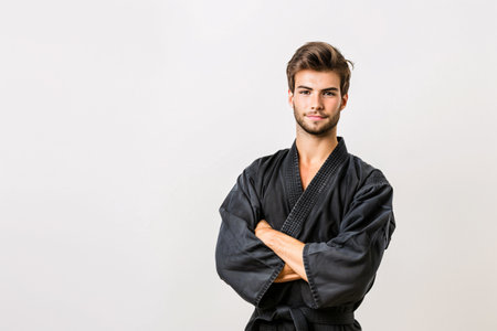 handsome man in black kimono, karate trainer isolated over white background with copy spaceの素材